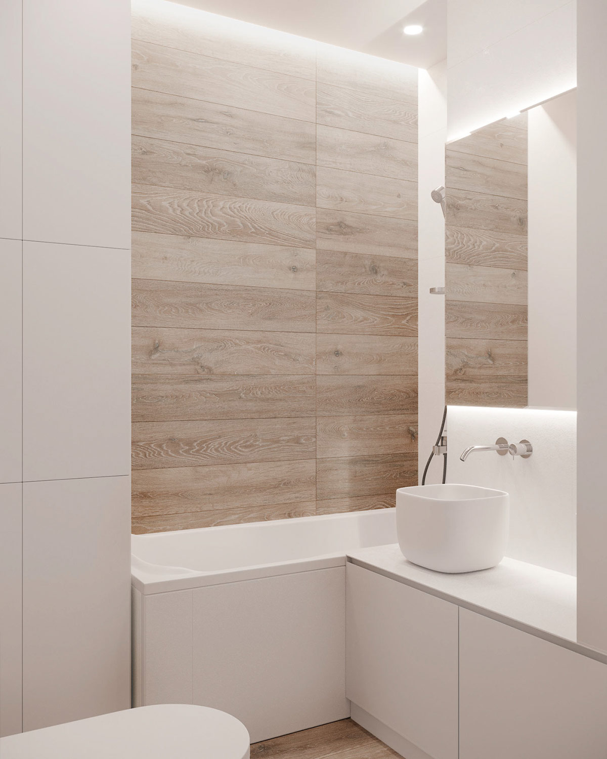 Mỗi cm2 trong ph&ograve;ng tắm nhỏ được tận dụng tối đa để bố tr&iacute; hệ tủ kệ lưu trữ.