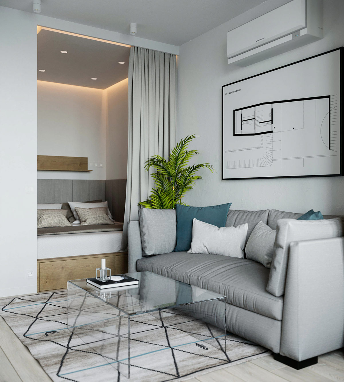 B&agrave;n c&agrave; ph&ecirc; bằng k&iacute;nh tạo độ tho&aacute;ng nhất định cho ph&ograve;ng kh&aacute;ch căn hộ 38m2.
