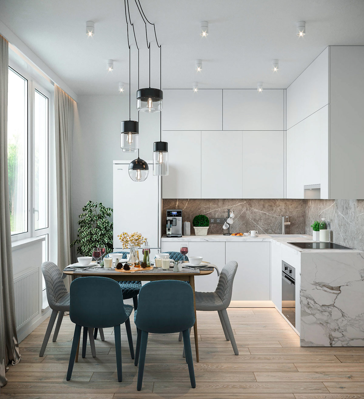 Ph&ograve;ng bếp h&igrave;nh chữ L bao quanh bộ b&agrave;n ăn 6 chỗ ngồi nhỏ gọn.