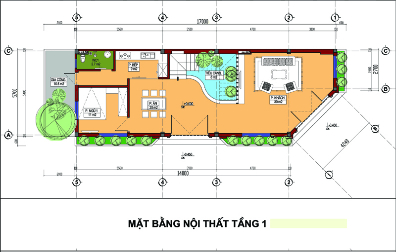 Mặt bằng bố tr&iacute; nội thất tầng 1 nh&agrave; ống gồm ph&ograve;ng kh&aacute;ch, tiểu cảnh giếng trời, c&acirc;y xanh, ph&ograve;ng ăn, bếp nấu, 01 ph&ograve;ng ngủ, vệ sinh chung v&agrave; khu gia c&ocirc;ng ở s&acirc;n sau.