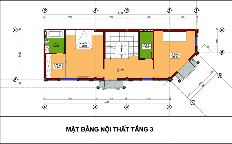Mặt bằng tầng 3 nh&agrave; ống l&ocirc; g&oacute;c gồm ph&ograve;ng thờ, ph&ograve;ng kho, 01 ph&ograve;ng ngủ c&oacute; vệ sinh kh&eacute;p k&iacute;n v&agrave; ph&ograve;ng thay đồ t&iacute;ch hợp.
