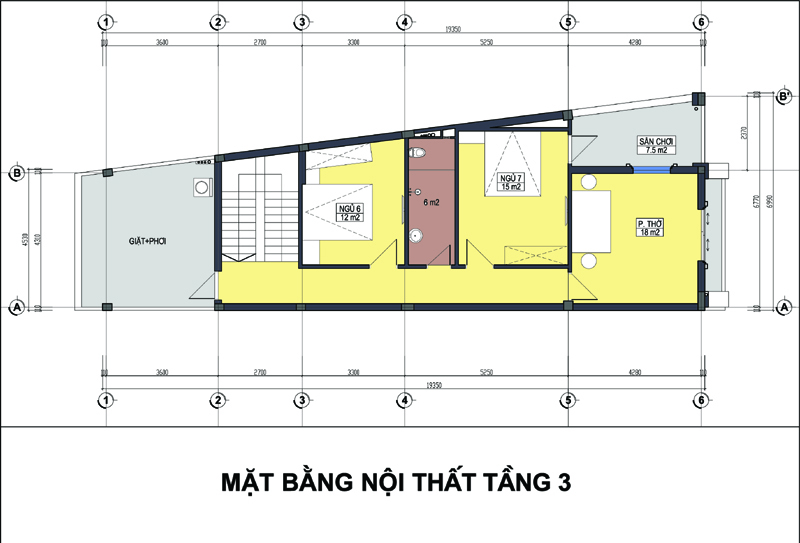 Mặt bằng bố trí nội thất tầng 3 nhà ống