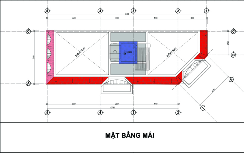 Mặt bằng m&aacute;i nh&agrave; ống l&ocirc; g&oacute;c 3 tầng 1 tum phong c&aacute;ch t&acirc;n cổ điển