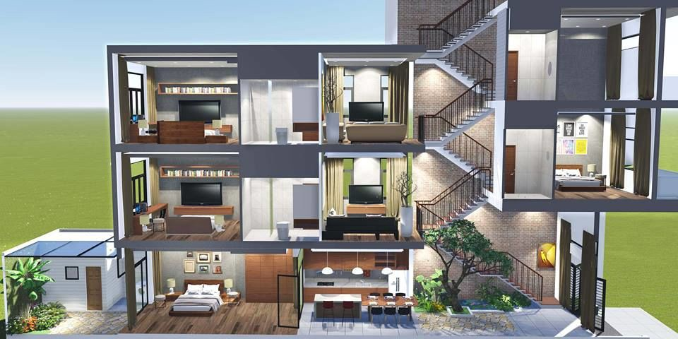 phối cảnh kiến tr&uacute;c mẫu nh&agrave; lệch tầng đẹp