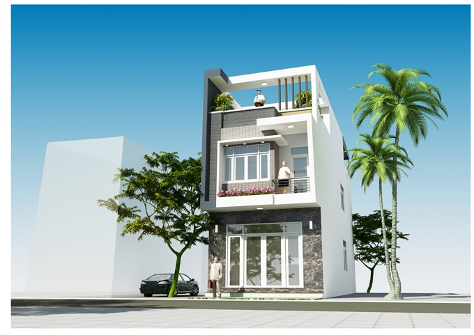 phối cảnh nh&agrave; ống lệch tầng diện t&iacute;ch 5x16m thiết kế 3 tầng