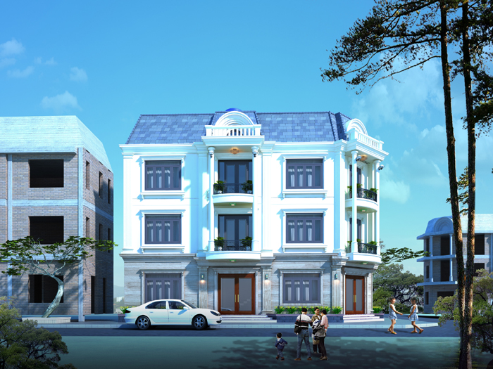 Mặt tiền nh&agrave; ống l&ocirc; g&oacute;c phong c&aacute;ch t&acirc;n cổ điển nổi bật với hệ cửa k&iacute;nh lớn khung gỗ ​ xuy&ecirc;n suốt 3 tầng nh&agrave;.