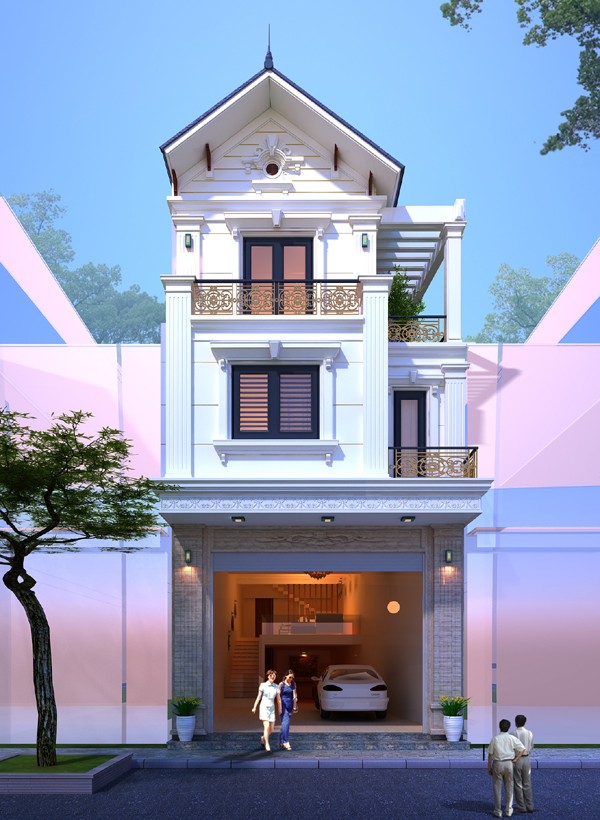 phối cảnh 3D mặt tiền nhà ống 4 tầng hiện đại với tông màu trắng chủ đạo