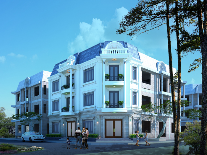 Những bồn c&acirc;y, chậu hoa được bố tr&iacute; đối xứng ở tầng trệt v&agrave; ban c&ocirc;ng c&aacute;c tầng tr&ecirc;n tạo điểm nhấn sinh động cho mặt tiền c&ocirc;ng tr&igrave;nh.