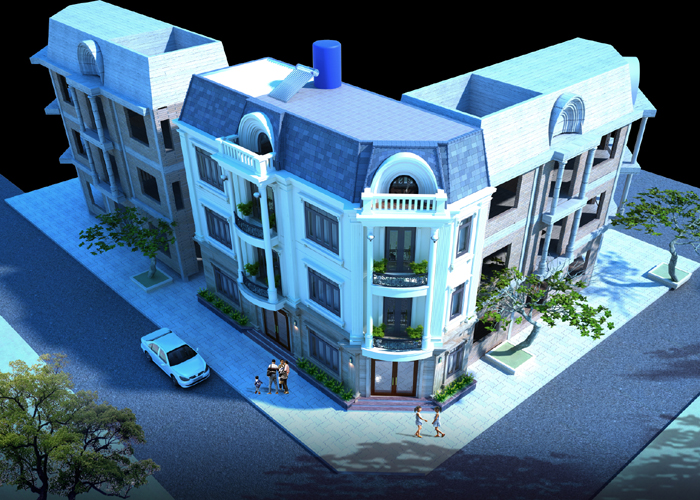 h&igrave;nh ảnh phối cảnh 3D mẫu nh&agrave; ống 3 tầng l&ocirc; g&oacute;c nh&igrave;n từ tr&ecirc;n cao