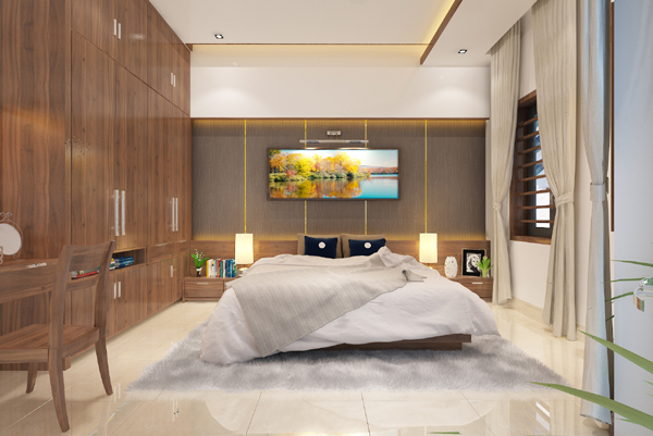 G&oacute;c ngủ nghỉ được trang tr&iacute; theo lối đối xứng h&agrave;i h&ograve;a, với điểm nhấn l&agrave; bức tranh phong cảnh m&ugrave;a thu l&atilde;ng mạn.