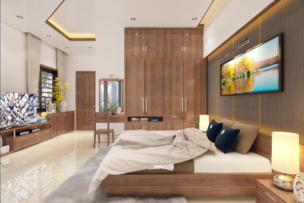 Căn ph&ograve;ng được trang bị đầy đủ c&aacute;c tiện &iacute;ch thiết yếu như b&agrave;n trang điểm, kệ tivi, tủ quần &aacute;o cao kịch trần, tab đầu giường...