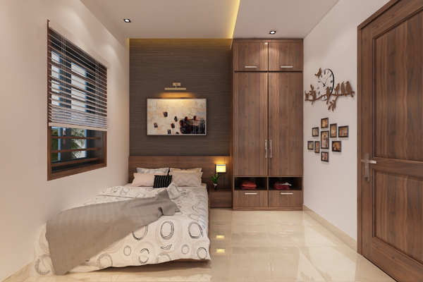 ph&ograve;ng ngủ với giường đơn, tủ quần &aacute;o cạnh đầu giường, decor tường ấn tượng