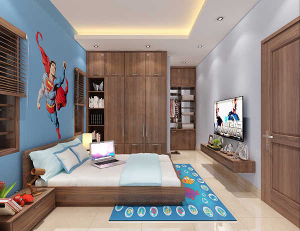ph&ograve;ng ngủ với tranh tường si&ecirc;u nh&acirc;n, thảm trải m&agrave;u xanh dương nhẹ nh&agrave;ng