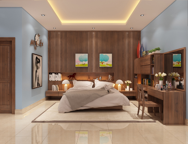 Bức tường đầu giường ngủ được decor ấn tượng với tranh s&aacute;p m&agrave;u tươi tắn, kệ &acirc;m tường kết hợp đ&egrave;n LED trang tr&iacute; h&uacute;t mắt.