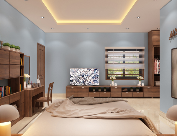 Tivi được đặt tr&ecirc;n kệ đối diện giường ngủ, tạo sự thuận tiện cho sinh hoạt h&agrave;ng ng&agrave;y.