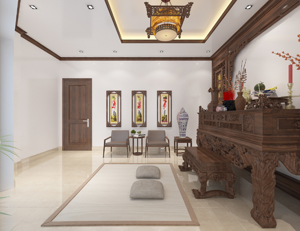 Kh&ocirc;ng gian ph&ograve;ng thờ rộng r&atilde;i, sử dụng nội thất gỗ sẫm m&agrave;u được chạm trổ cầu kỳ, nổi bật tr&ecirc;n phong nền m&agrave;u trắng s&aacute;ng chủ đạo.