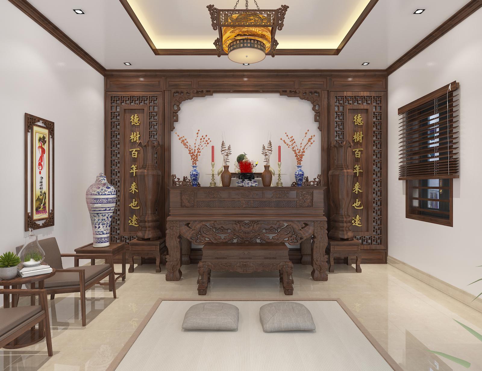 Ph&ograve;ng thờ đủ rộng để đặt th&ecirc;m bộ b&agrave;n ghế ngồi uống tr&agrave;, tr&ograve; chuyện mỗi khi l&agrave;m lễ gia ti&ecirc;n.