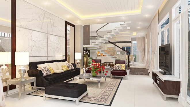 Ph&ograve;ng kh&aacute;ch phong c&aacute;ch hiện đại, sang trọng với điểm nhấn l&agrave; bộ ghế sofa da m&agrave;u đen nổi bật tr&ecirc;n ph&ocirc;ng nền trung t&iacute;nh chủ đạo.