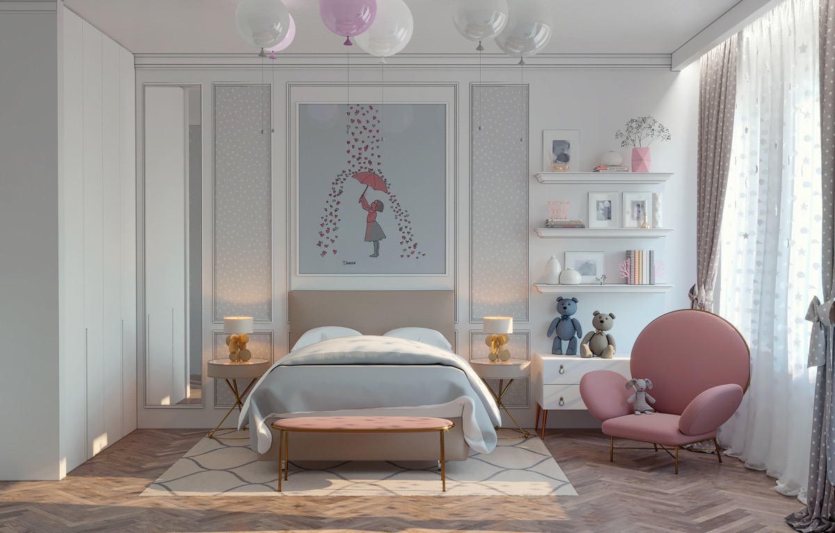ph&ograve;ng ngủ cho con g&aacute;i nổi bật với ghế tựa m&agrave;u hồng pastel