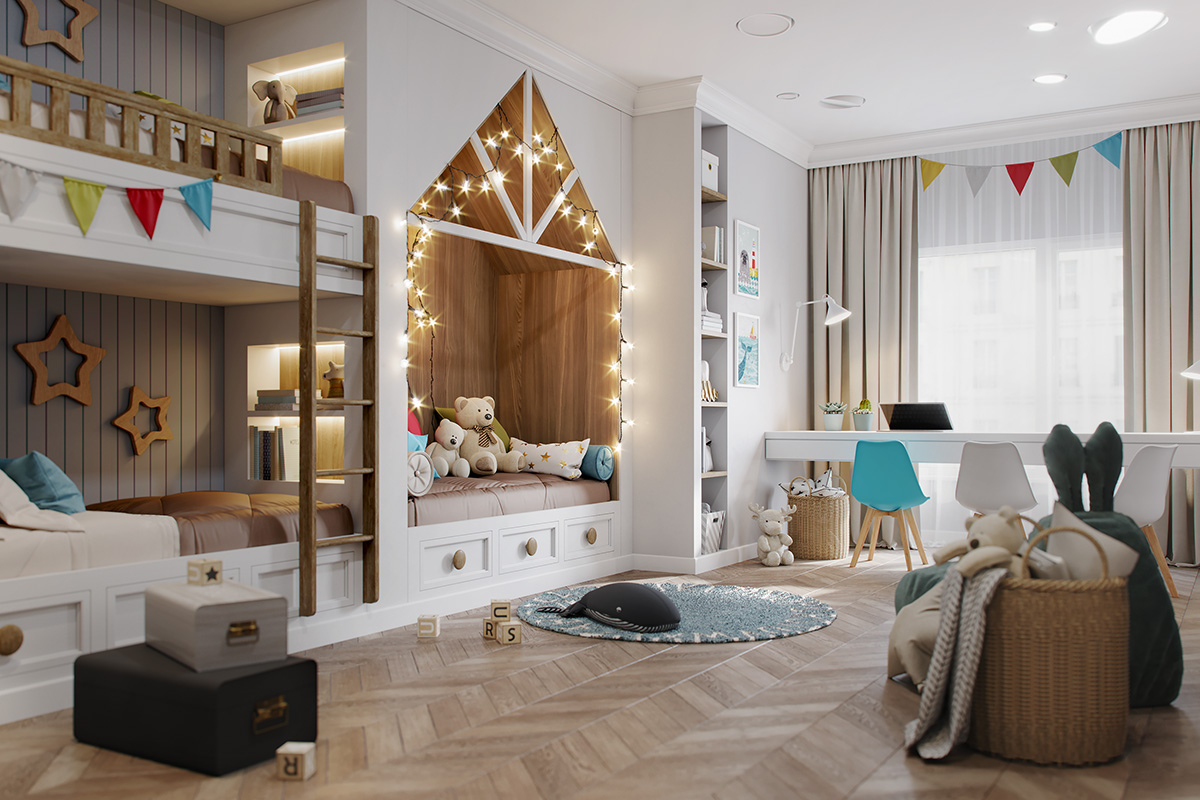 To&agrave;n bộ một bức tường được biến th&agrave;nh loạt c&aacute;c ng&oacute;c ng&aacute;ch ấm &aacute;p gồm giường tầng, tủ s&aacute;ch v&agrave; ghế ngồi đọc s&aacute;ch, vui chơi th&uacute; vị.