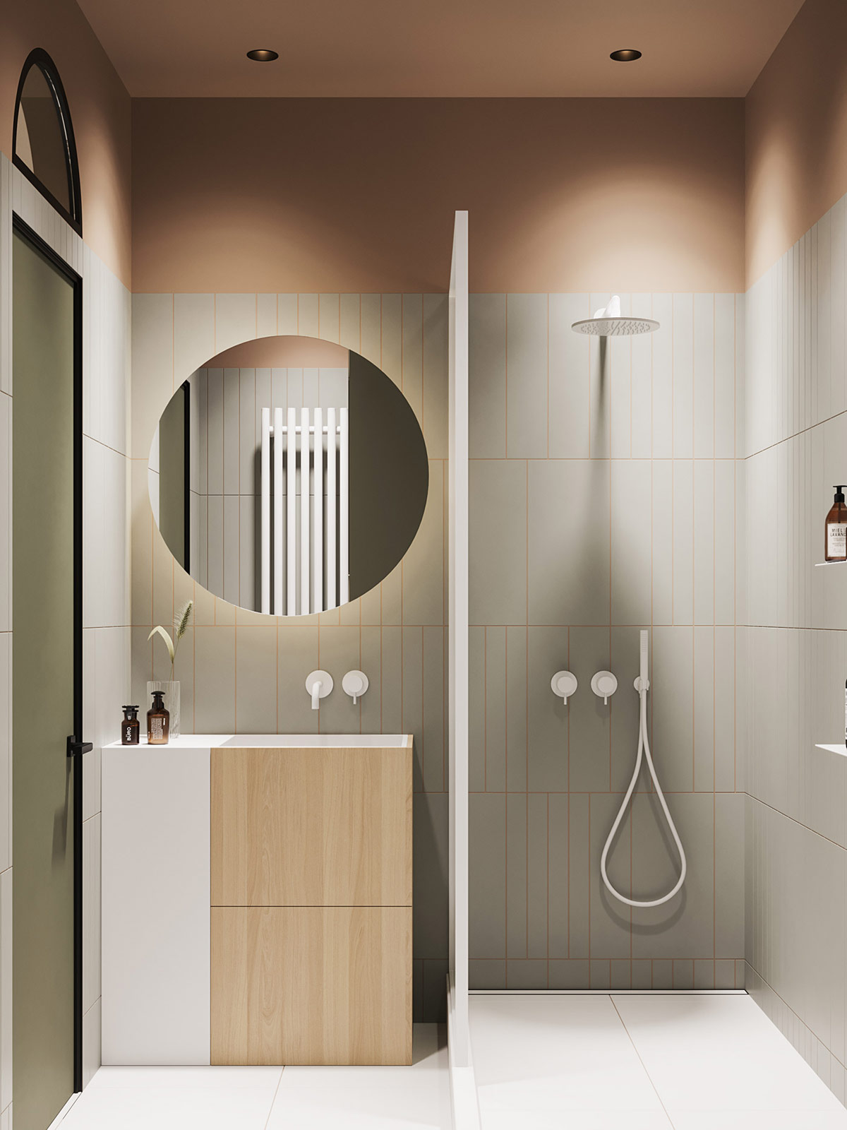 Điểm nhấn của căn hộ 79m2 l&agrave; ph&ograve;ng tắm ngọt ng&agrave;o với những vi&ecirc;n gạch thẳng đứng kết hợp keo ch&agrave; ron m&agrave;u sắc h&agrave;i h&ograve;a.