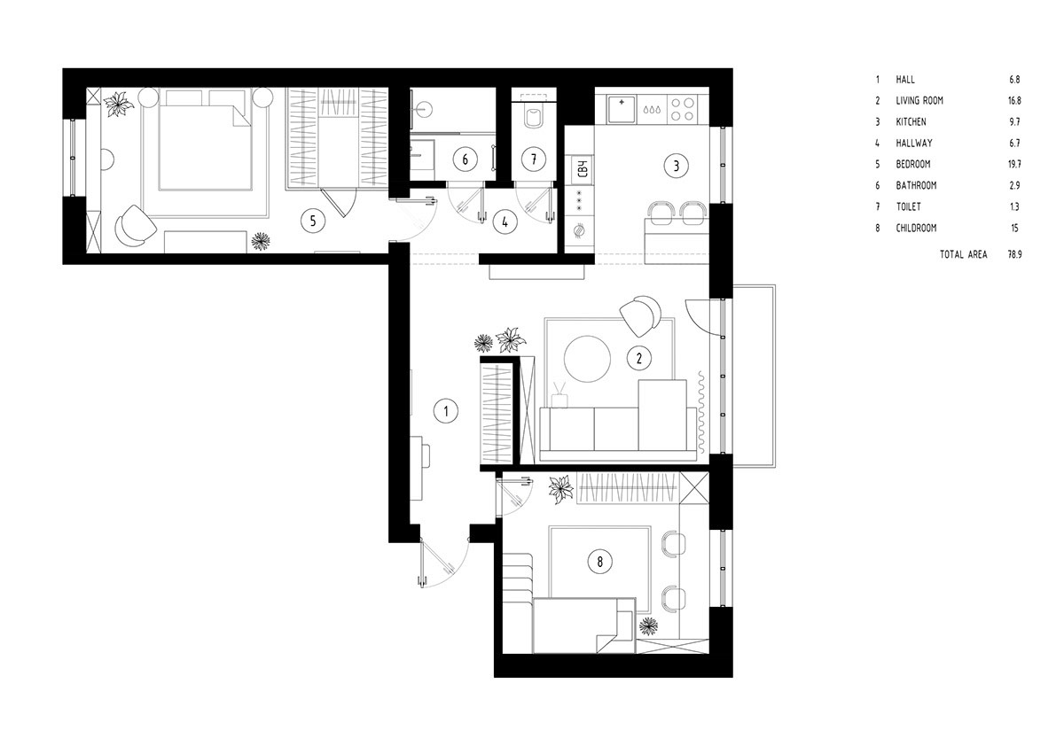 Mặt bằng bố tr&iacute; nội thất căn hộ 79m2 h&igrave;nh chữ L điển h&igrave;nh