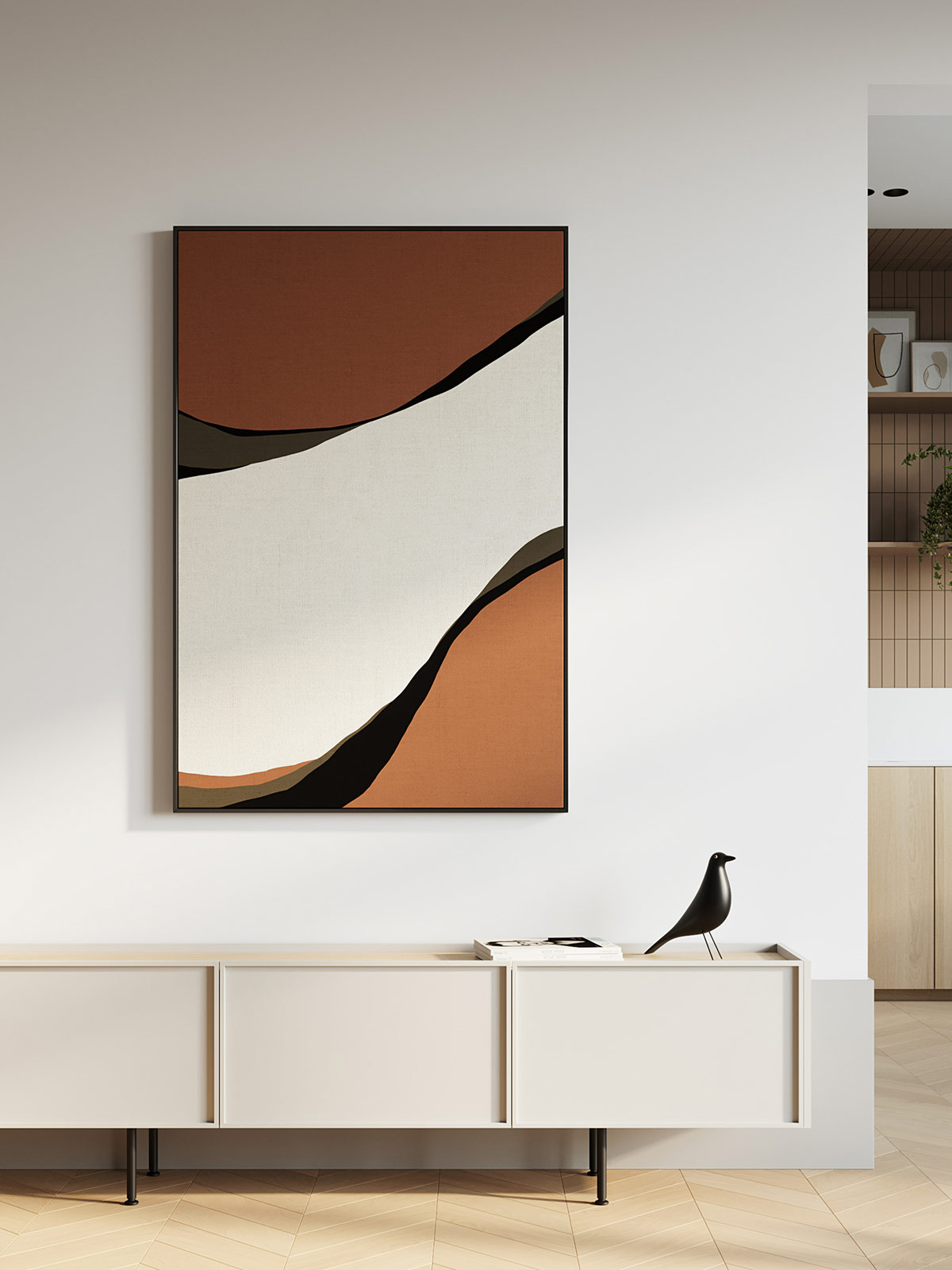 Đối diện sofa l&agrave; kệ lưu trữ m&agrave;u trắng sữa kết hợp c&ugrave;ng m&agrave;u sơn tường l&agrave;m ph&ocirc;ng nền cho tranh nghệ thuật v&agrave; ch&uacute; chim Eames nổi bật hơn.