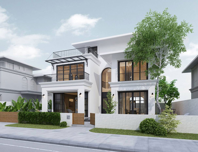 phối cảnh mẫu biệt thự phố đẹp với tông màu trắng chủ đạo, nhấn nhá sắc đen cá tính
