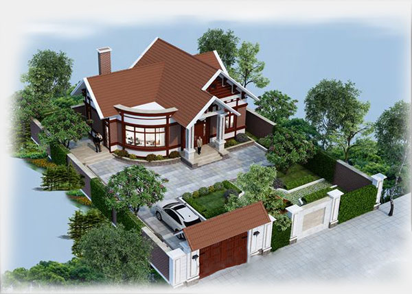 phối cảnh tổng thể mẫu biệt thự nhà vườn nhìn từ trên cao với mái ngói đỏ, cây xanh bao phủ