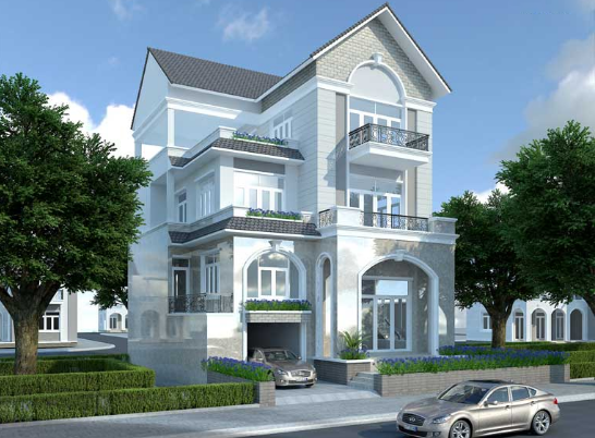 Phối cảnh 3D mẫu thiết kế biệt thự hiện đại có gara ô tô