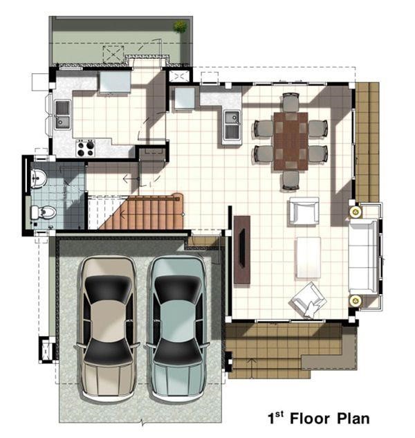 Mặt cắt ngang của tầng 1 mẫu thiết kế nhà vuông 10x10m