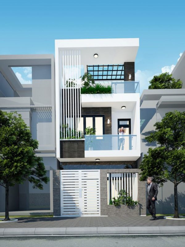 Phối cảnh 3D mẫu nhà ống 3 tầng phong cách hiện đại