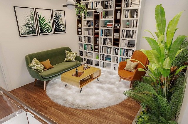 ph&ograve;ng đọc s&aacute;ch đẹp với gi&aacute; kệ cao kịch trần, sofa m&agrave;u xanh l&aacute;, tranh tường, chậu cảnh xanh tốt