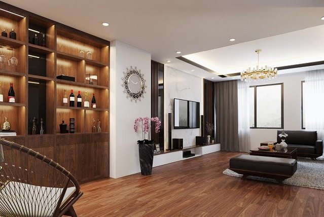 Kệ rượu bằng gỗ được thiết kế &acirc;m tường gọn g&agrave;ng. Đ&egrave;n LED t&iacute;ch hợp khiến gi&aacute; kệ trở th&agrave;nh điểm nhấn trang tr&iacute; cực h&uacute;t mắt.