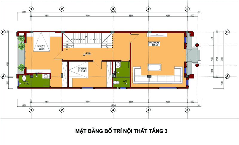 Mặt bằng tầng 3 nh&agrave; ống t&acirc;n cổ điển