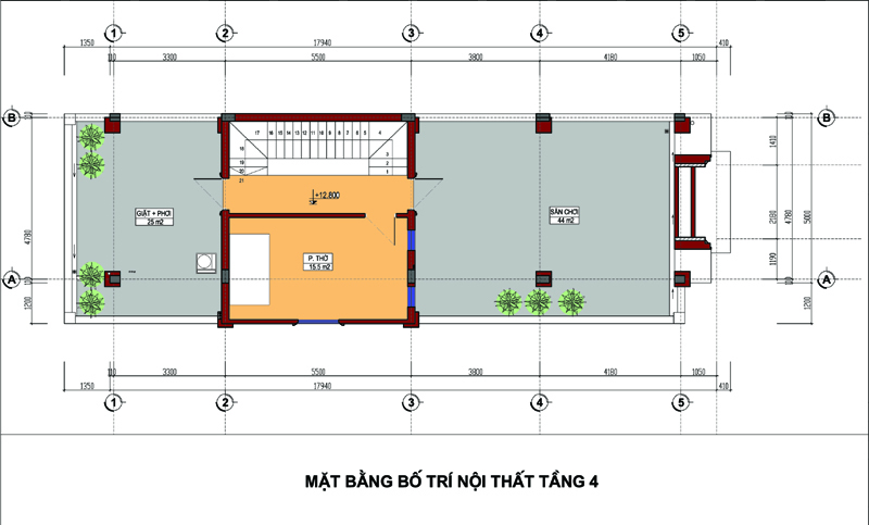 Mặt bằng tầng 4 nh&agrave; ống t&acirc;n cổ điển