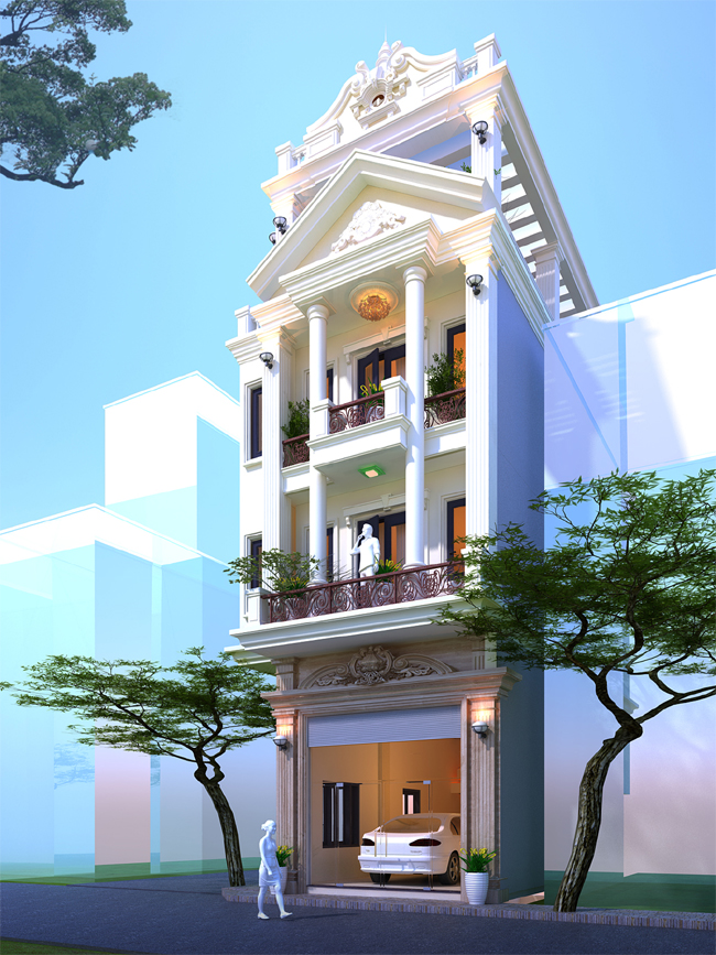 Mặt tiền nh&agrave; ống kết hợp kinh doanh phong c&aacute;ch t&acirc;n cổ điển g&acirc;y ấn tượng với hệ cột trụ vững ch&atilde;i, c&aacute;c đường ph&agrave;o chỉ tinh tế, khỏe khoắn.