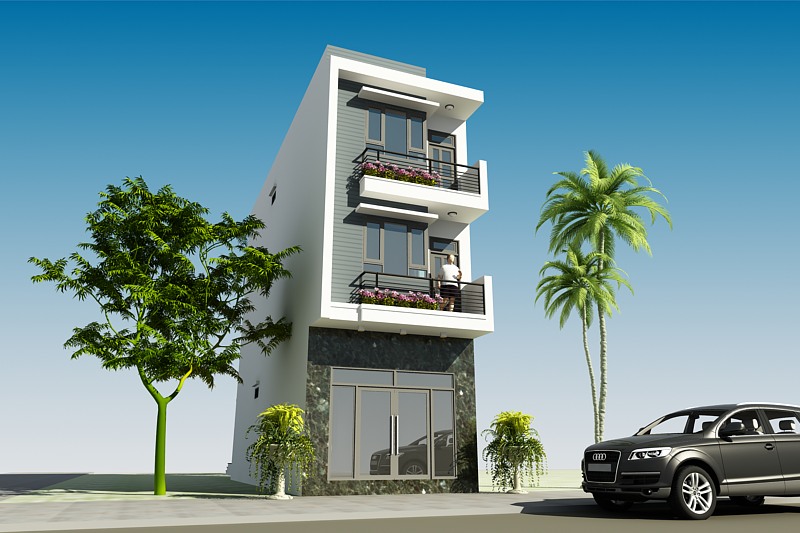 Phối cảnh 3D mẫu nhà ống 3 tầng hiện đại