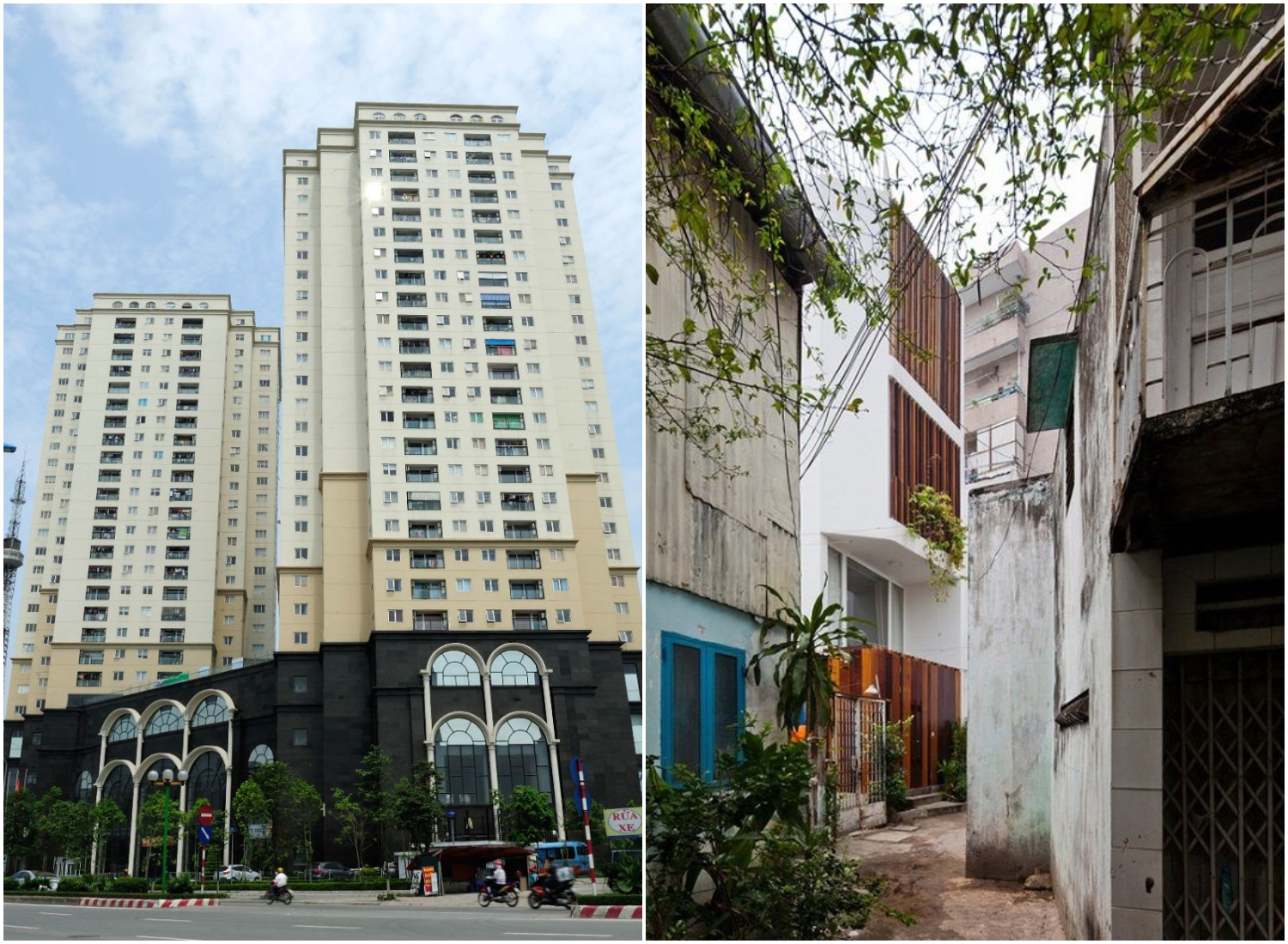 h&igrave;nh ảnh so s&aacute;nh một b&ecirc;n l&agrave; t&ograve;a chung cư, một b&ecirc;n l&agrave; nh&agrave; đất