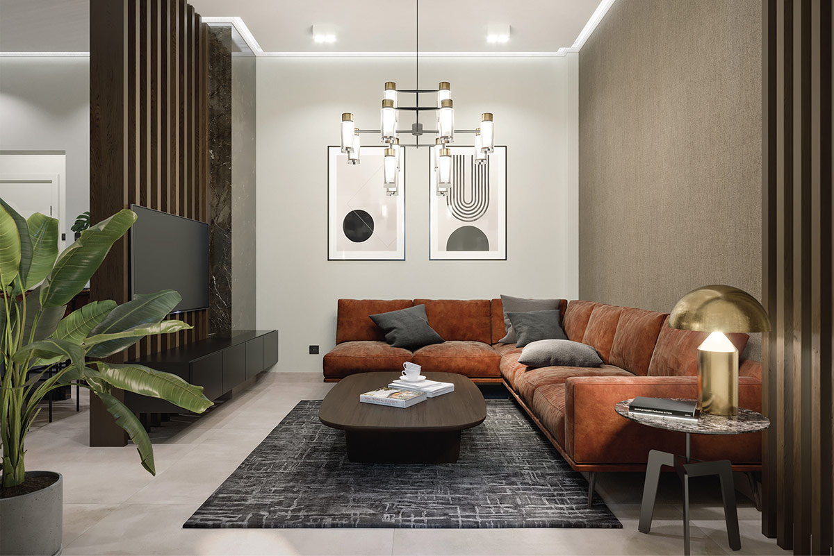 ph&ograve;ng kh&aacute;ch căn hộ 60m2 nổi bật với ghế sofa n&agrave;u m&acirc;u chữ L, tranh tường nghệ thuật, đ&egrave;n ch&ugrave;m độc đ&aacute;o