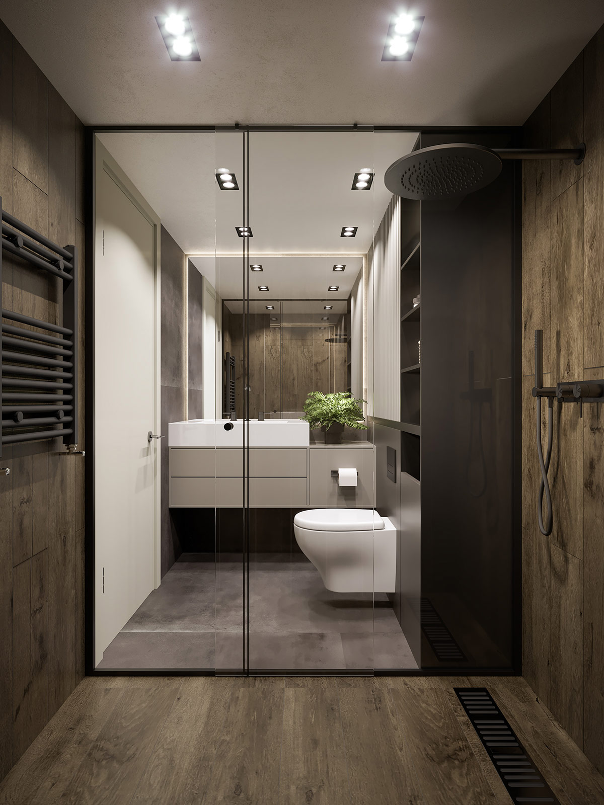 ph&ograve;ng tắm căn hộ 60m2 với cửa k&iacute;nh trong suốt, gạch ốp l&aacute;t giả gỗ m&agrave;u ghi x&aacute;m