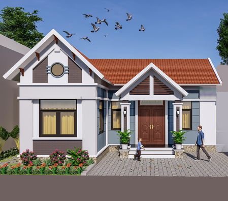 Phối cảnh 3D mẫu nh&agrave; cấp 4 m&aacute;i Th&aacute;i c&oacute; g&aacute;c lửng