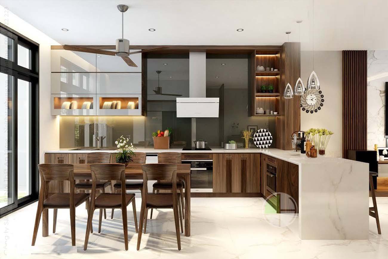 Ph&ograve;ng bếp kết hợp kh&ocirc;ng gian ăn uống ấm c&uacute;ng, tiện nghi với nội thất g&ocirc; sẫm m&agrave;u kết hợp cất liệu đ&aacute; cẩm thạch m&agrave;u trắng sang trọng.