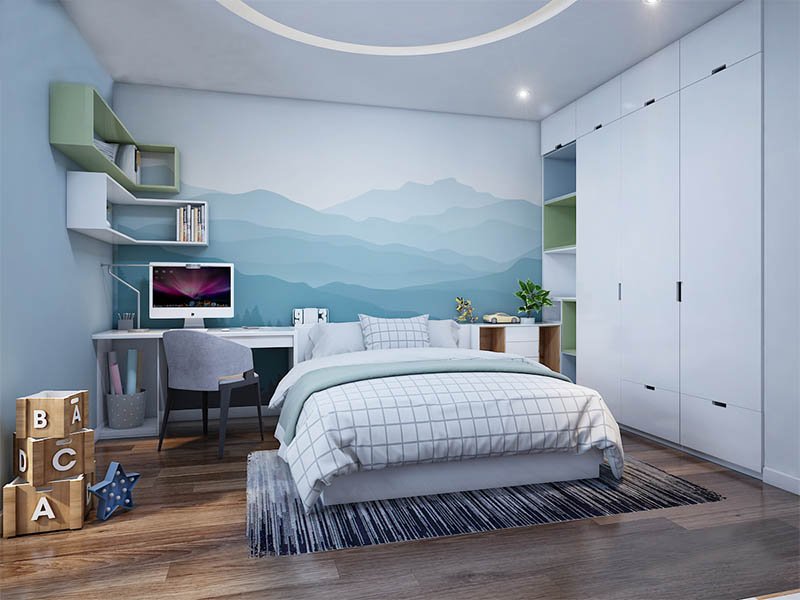 Kh&ocirc;ng gian ri&ecirc;ng tư của cậu con trai g&acirc;y ấn tượng với tranh tường đầu giường theo chủ đề phong cảnh n&uacute;i non tr&ugrave;ng điệp.
