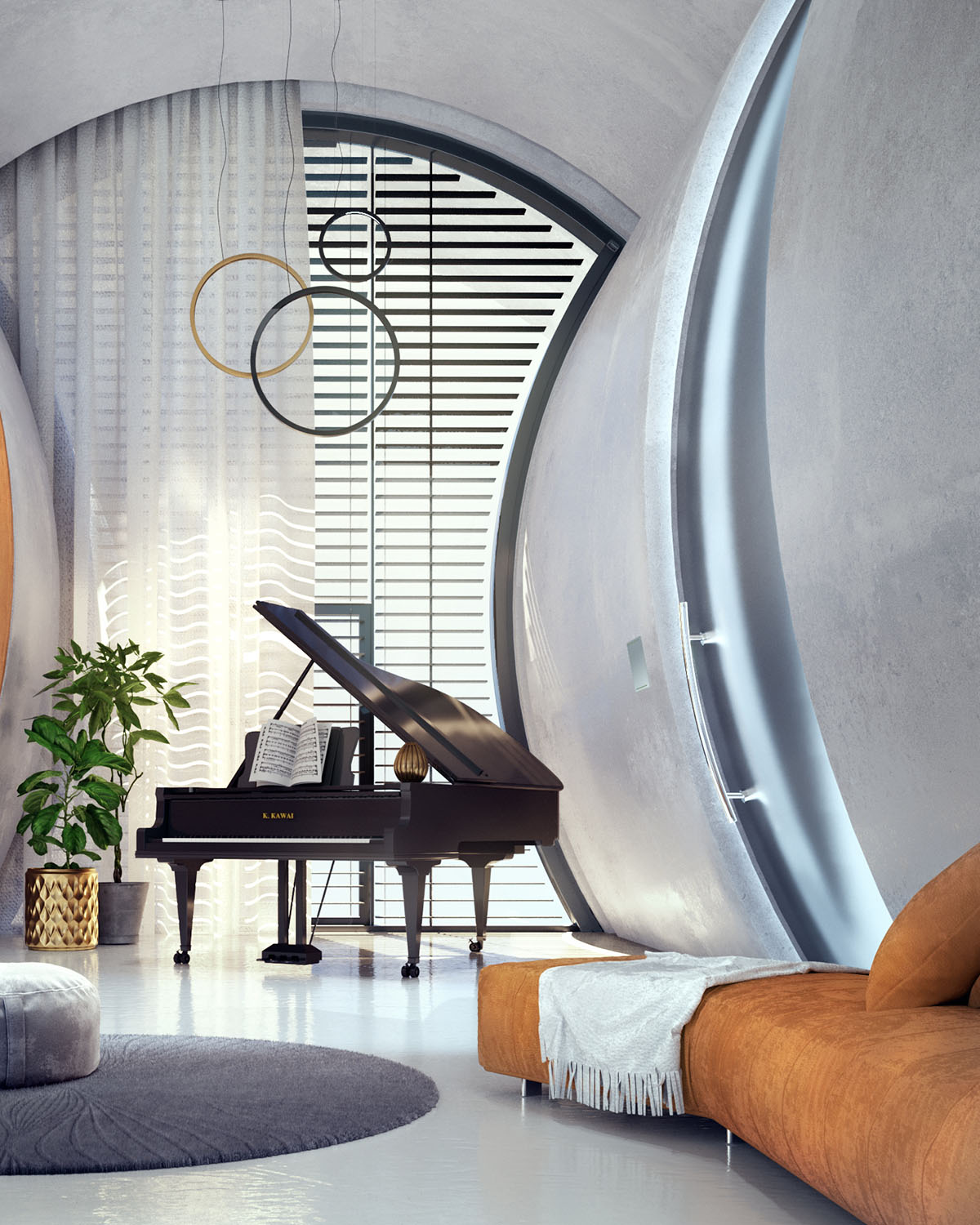 Đèn thả mặt dây chuyền trên đàn piano hình dáng tương tự logo của thương hiệu ô tô Audi.