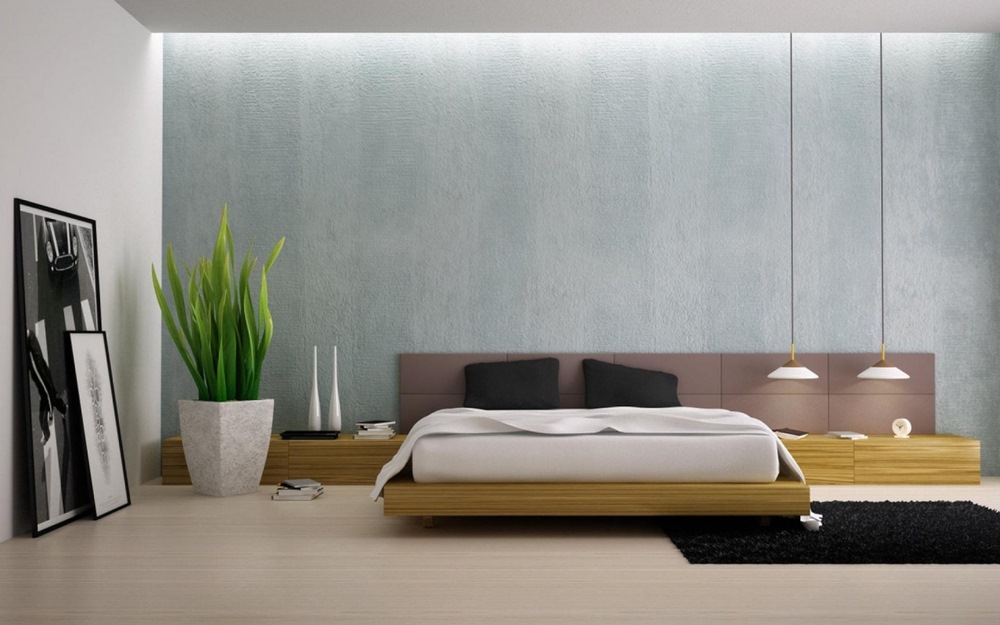 ph&ograve;ng ngủ phong c&aacute;ch tối giản với giường bệt bằng gỗ, tường đầu giường sơn m&agrave;u hồng nhạt, chậu c&acirc;y cảnh lớn