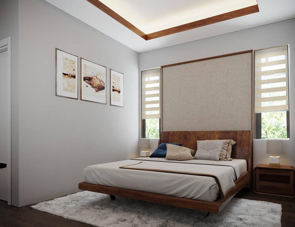 ph&ograve;ng ngủ nhỏ với giường gỗ sồi tự nhi&ecirc;n