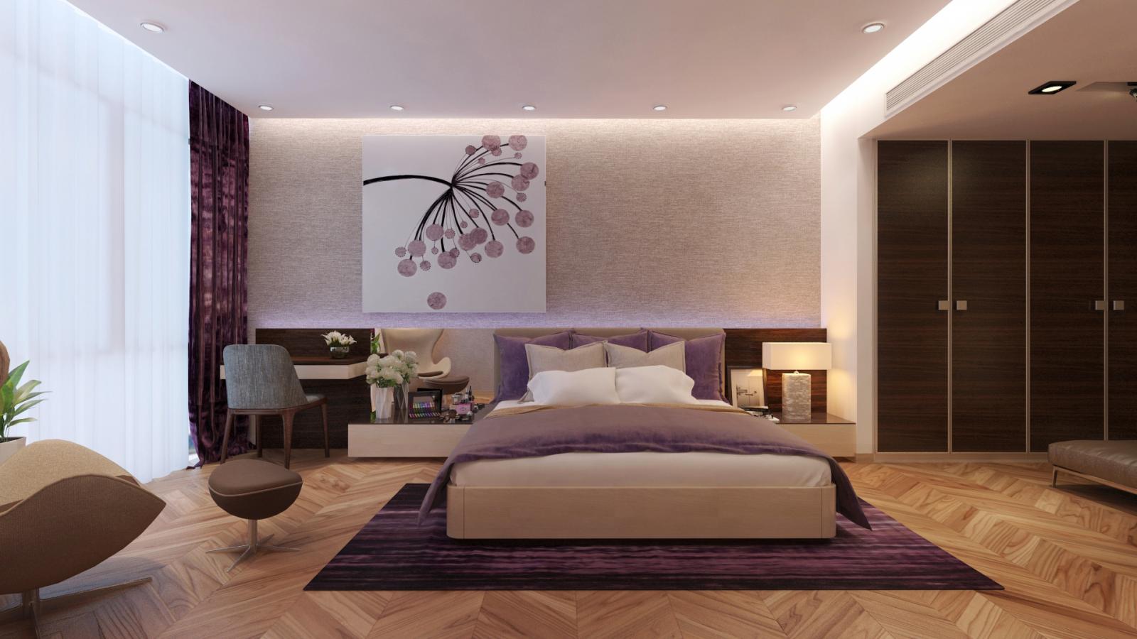 phòng ngủ cho con gái lớn Mẫu thiết kế nội thất phòng ngủ rộng rãi dành cho cô con gái lớn với tông màu tím oải hương nhẹ nhàng, lãng mạn.
