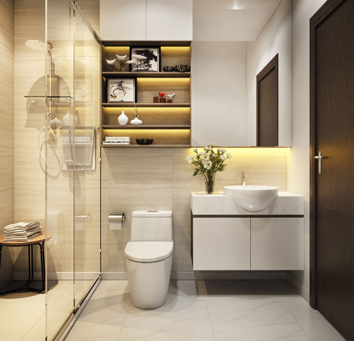 phòng tắm - vệ sinh trong nhà phố 2 tầng Trong nhà phố 2 tầng, phòng tắm - vệ sinh hiện đại, sạch sẽ và thoáng gọn.