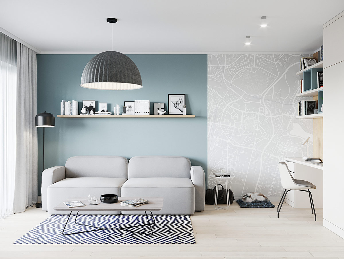 Phòng khách căn hộ 43m2 nổi bật với tấm thảm trải sàn họa tiết hình học đương đại